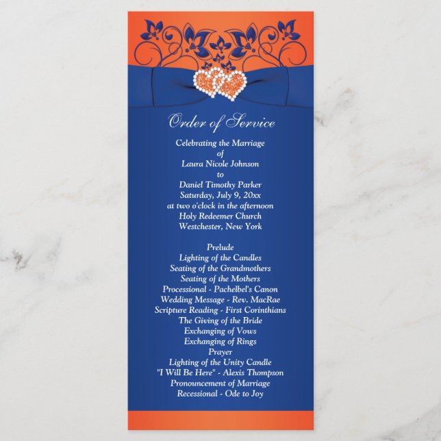 Royal Blue, Orange Floral, Hearts Wedding Program Programme (Front)