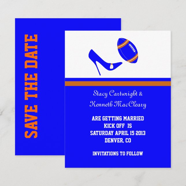 Royal Blue & Orange Football Save The Date Invitation (Front/Back)