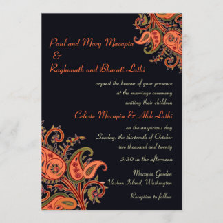 Royal Blue Orange Paisley Floral Indian Wedding Invitation
