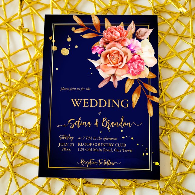 Royal blue orange yellow flowers fall wedding invitation (Creator Uploaded)