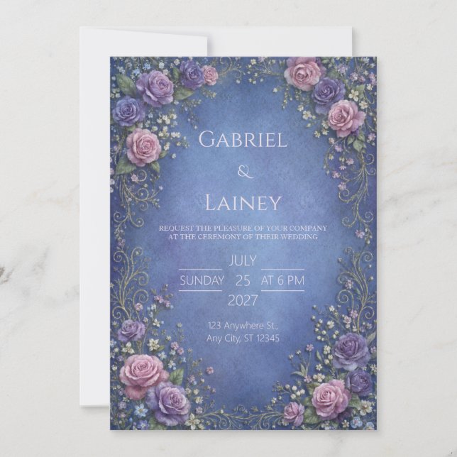 Royal Blue Ornate Rose Gold Scroll Wedding Invitation (Front)