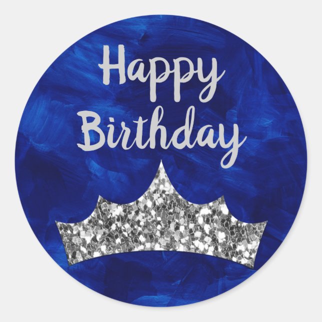 Royal Blue paintbrush and Silver Crown Birthday Classic Round Sticker (Front)
