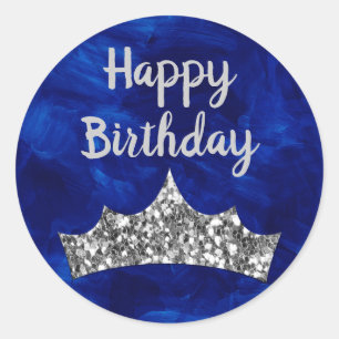 Royal Blue paintbrush and Silver Crown Birthday Classic Round Sticker