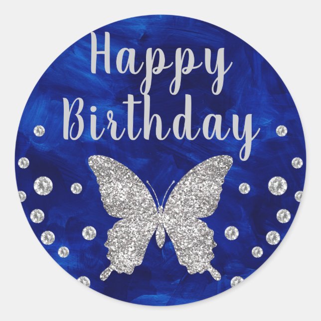 Royal Blue paintbrush Silver Butterfly Birthday Classic Round Sticker (Front)