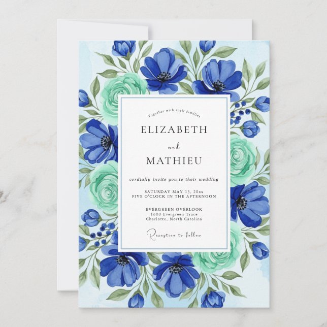 Royal Blue Painterly Spring Wedding Invitation (Front)