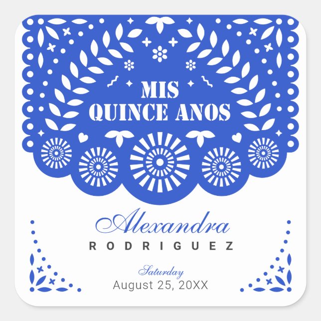Royal Blue Papel Picado Mis Quince Años Square Sticker (Front)