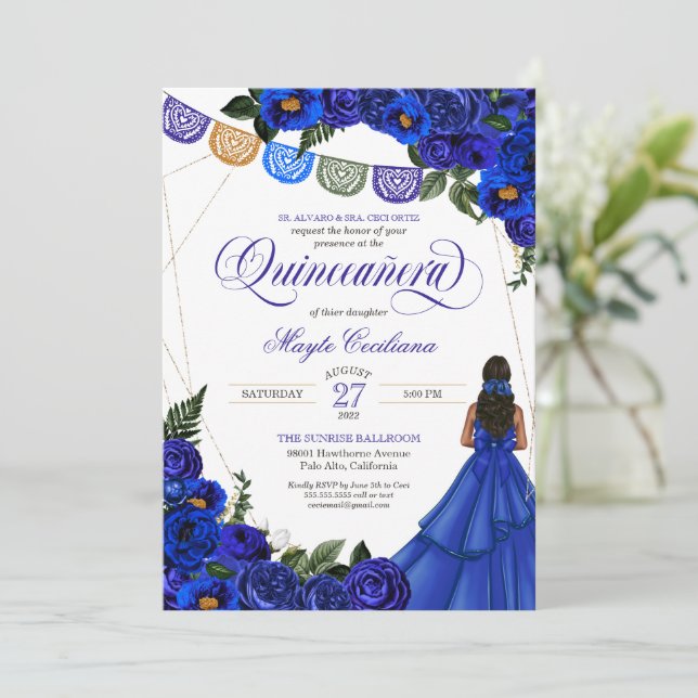 Royal Blue Papel Picado Quinceañera 15th Birthday  Invitation (Standing Front)