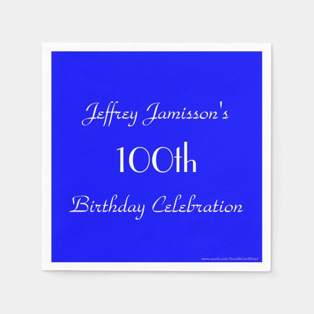 Royal Blue Paper Napkins, 100th Birthday Party Napkin (Front)