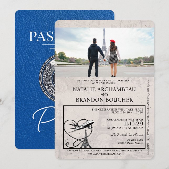 Royal Blue Paris Passport Wedding Invitation (Front/Back)