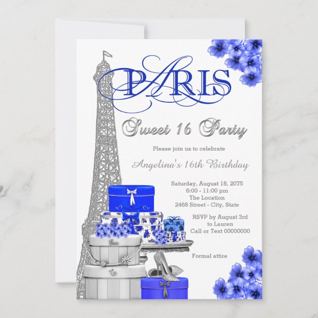 Royal Blue Paris Sweet 16 Party Invitation (Front)