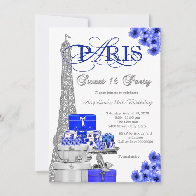 Royal Blue Paris Sweet 16 Party Invitation (Front)