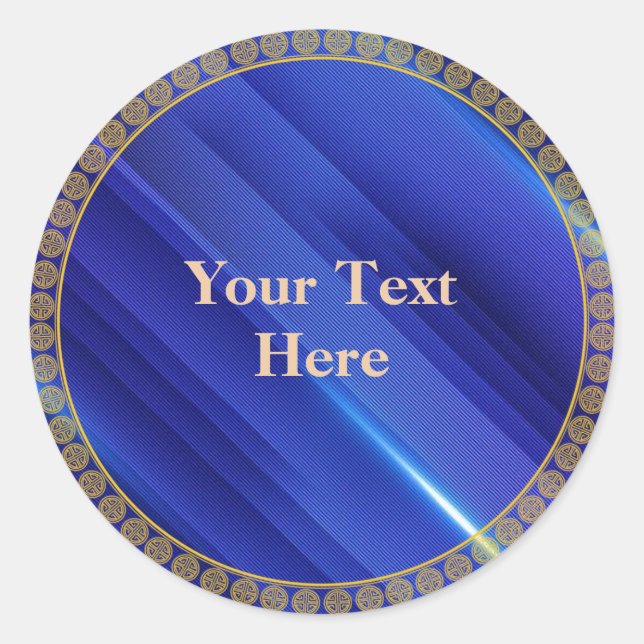 Royal Blue Pattern with gold-coloured circle frame Classic Round Sticker (Front)
