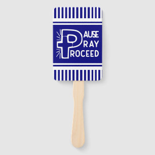 royal blue Pause Pray Proceed Christian Hand Fan