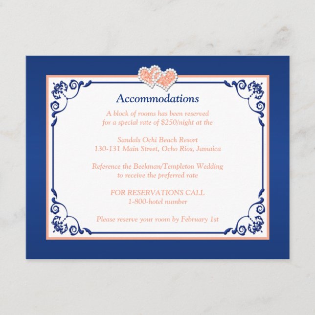 Royal Blue, Peach Floral, Hearts Insert Card (Front)