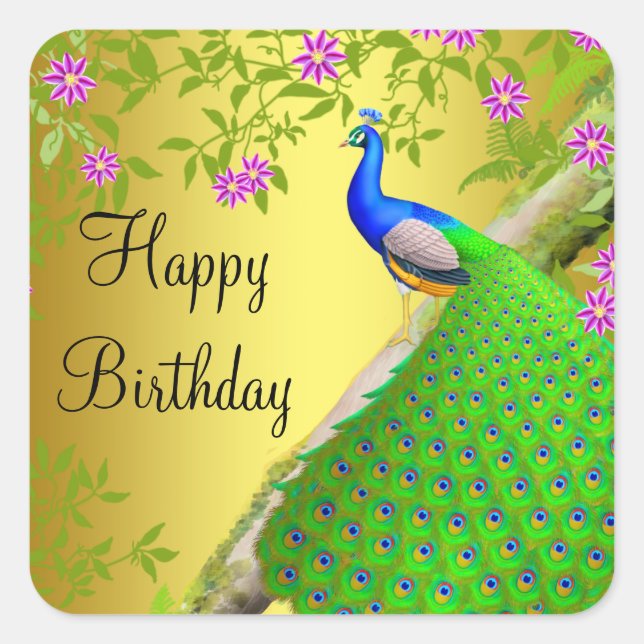 Royal Blue Peacock Happy Birthday Sticker (Front)