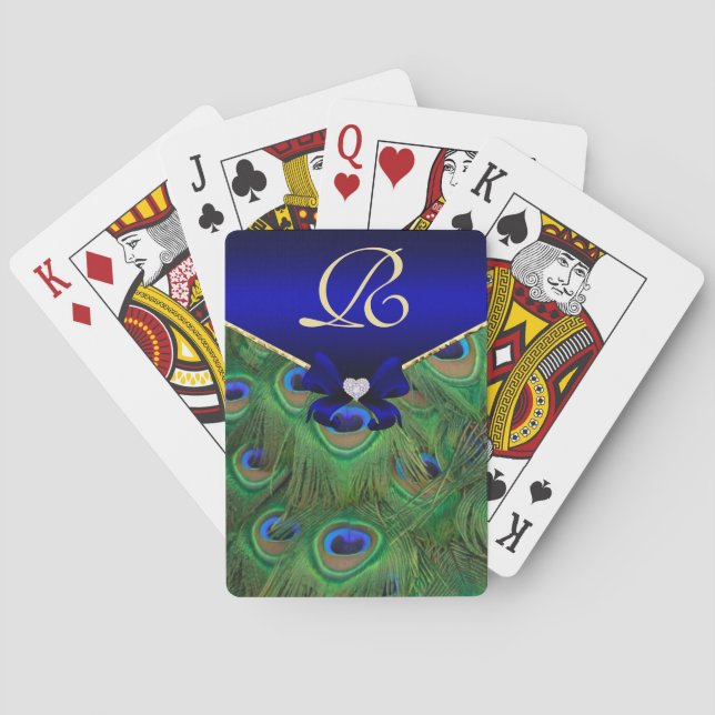 Royal Blue  Peacock Monogram Playing Cards (Back)