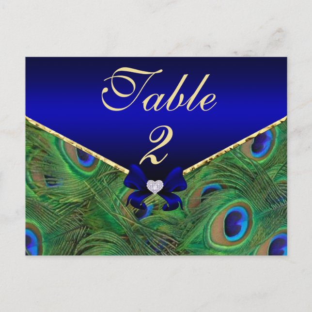 Royal Blue Peacock Table Number Card (Front)