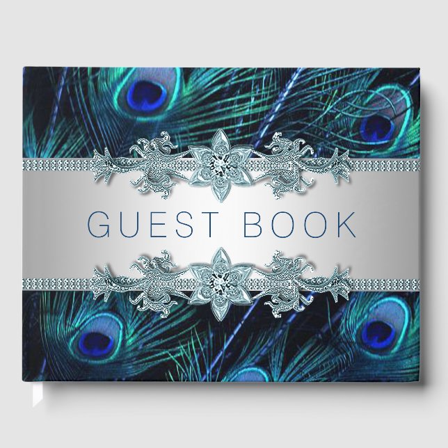 Royal Blue Peacock Wedding Guest Book (Front)