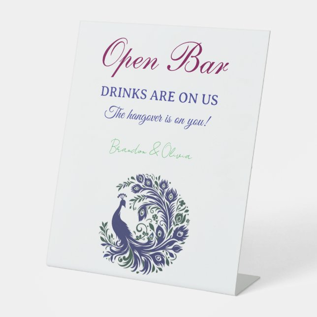 Royal Blue Peacock Wedding Open Bar Pedestal Sign (Front)