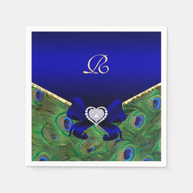 Royal Blue Peacock Wedding Paper Party Napkins (Front)