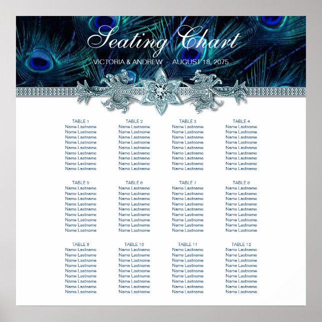 Royal Blue Peacock Wedding Seating Chart (Front)