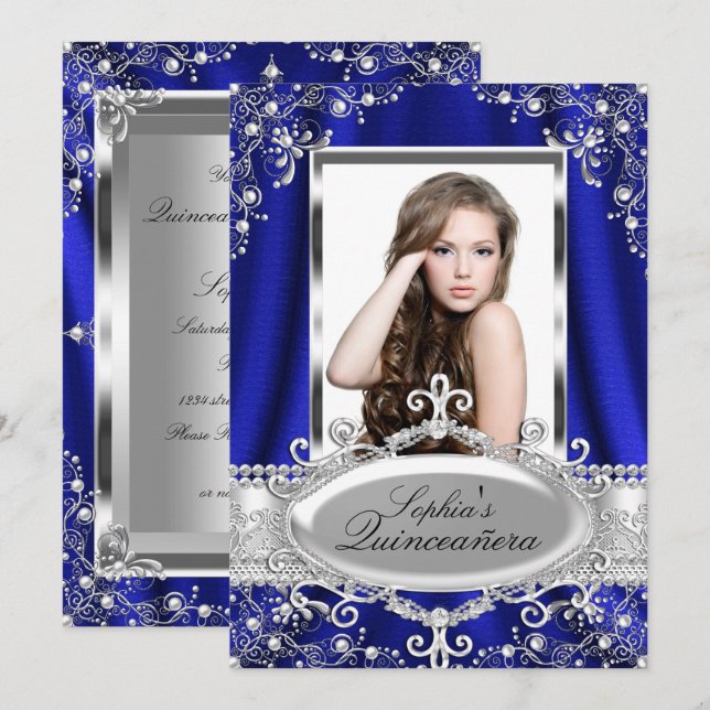 Royal Blue Pearl Silk Vintage Glamour Quinceanera Invitation (Front/Back)