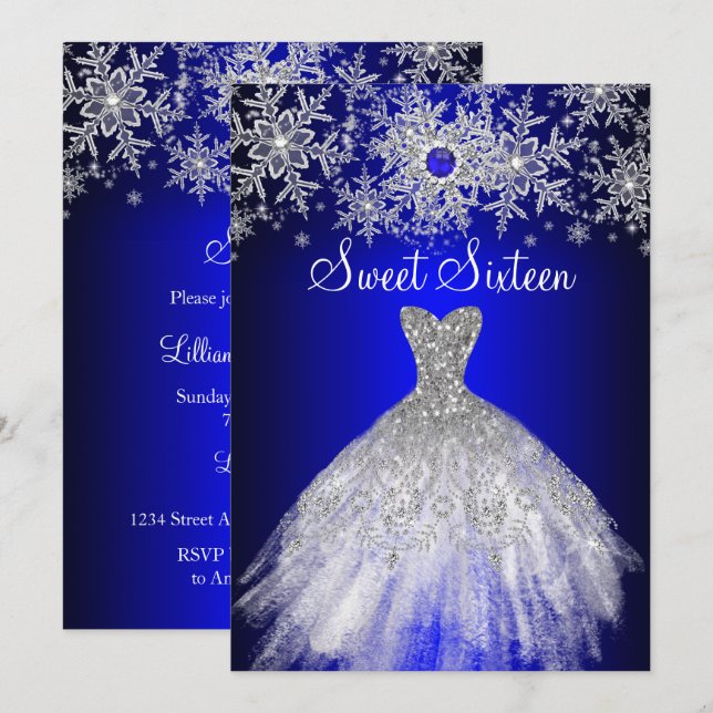 Royal Blue Pearl Silver Dress Snowflake Sweet 16 Invitation (Front/Back)
