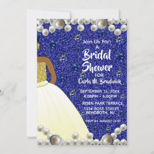 Royal Blue, Pearls African American Bridal Shower Invitation