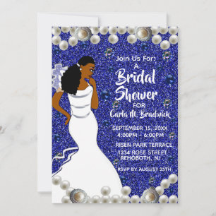 Royal Blue Pearls African American Bridal Shower Invitation