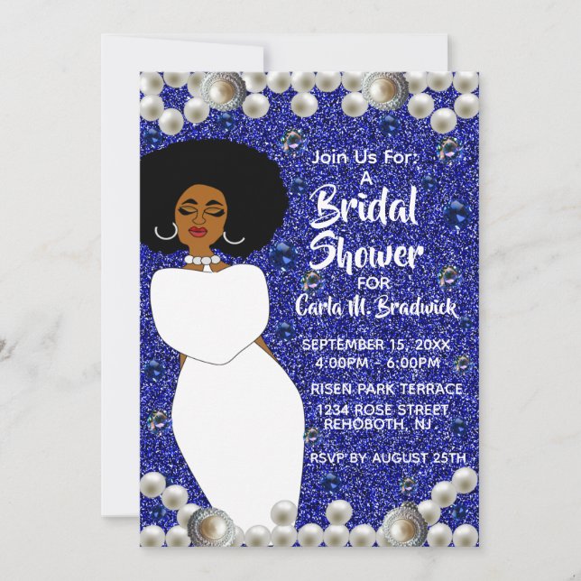 Royal Blue, Pearls African American Bridal Shower  Invitation (Front)