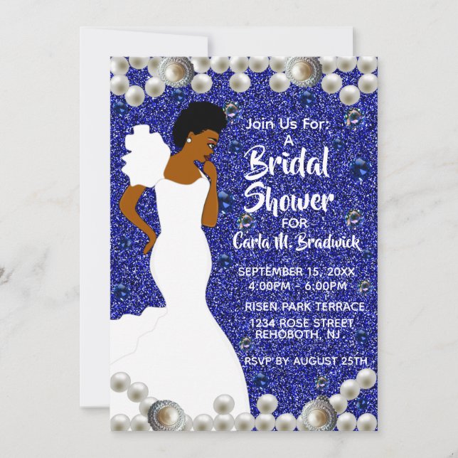 Royal Blue, Pearls African American Bridal Shower Invitation (Front)