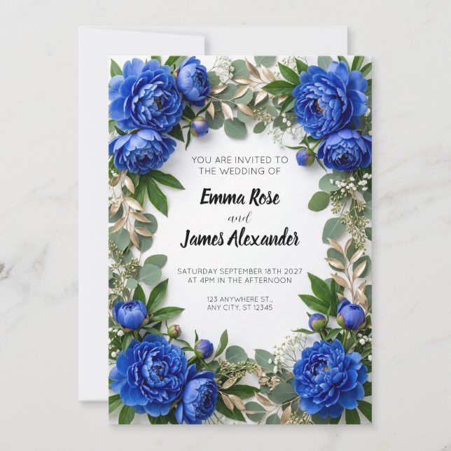 Royal Blue Peony Border Wedding Invitation (Front)