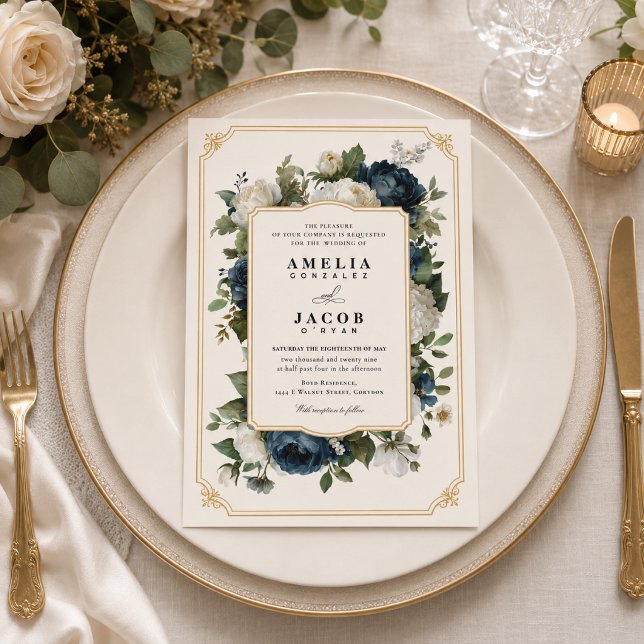 Royal Blue Peony Wedding with Gold Frame Invitation (Blue Peony Wedding with Gold Frame)