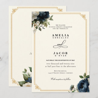 Royal Blue Peony Wedding with Gold Frame Invitation