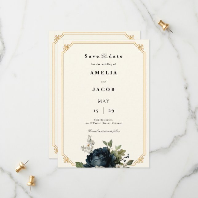 Royal Blue Peony Wedding with Gold Frame Save The Date (Front/Back In Situ)
