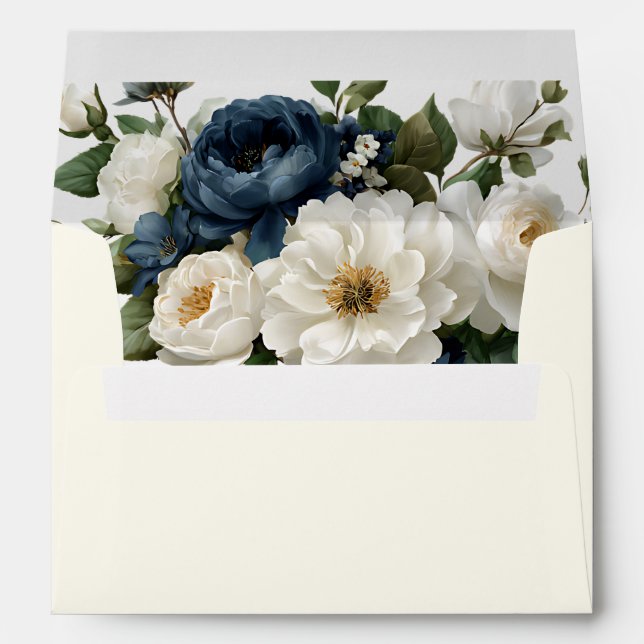 Royal Blue Peony & White Floral Wedding Envelope (Back (Bottom))