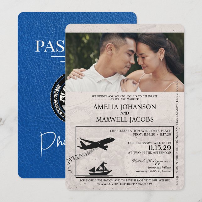 Royal Blue Philippines Passport Wedding Invitation (Front/Back)