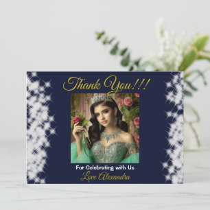 Royal Blue Photo Boho Quinceañera Spanish Favour Thank You Card