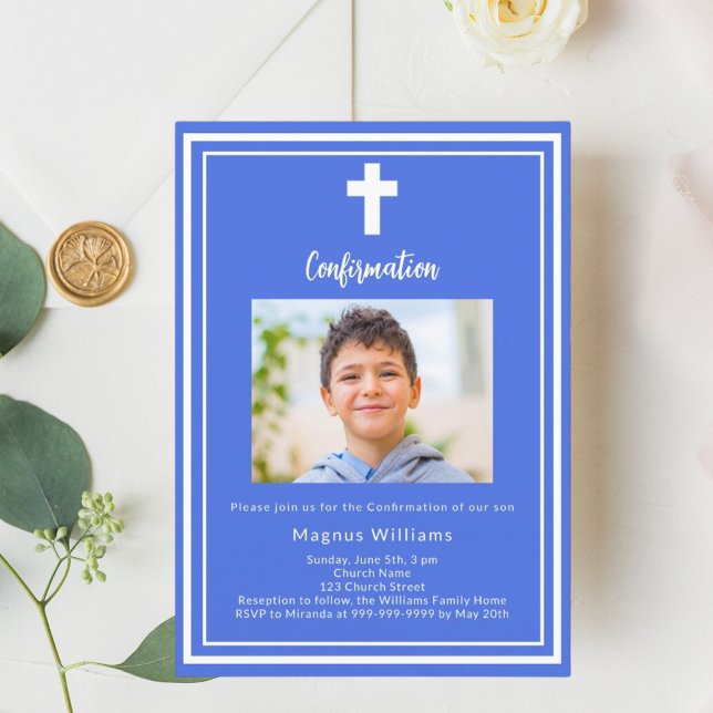 Royal blue photo boy Confirmation Invitation (Creator Uploaded)