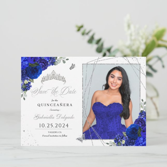 Royal Blue Photo Card Quinceañera Save The Date (Standing Front)
