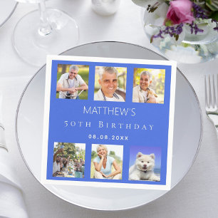 Royal blue photo collage birthday party napkin