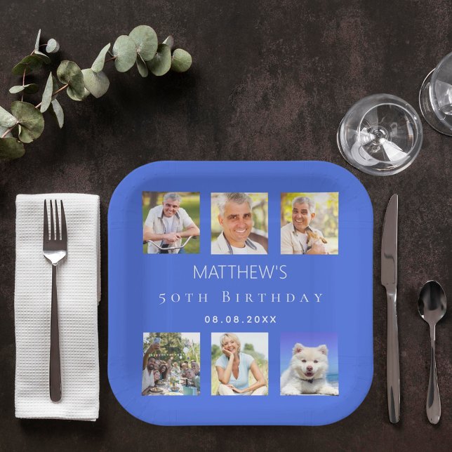 Royal blue photo collage birthday party paper plate (Creator Uploaded)