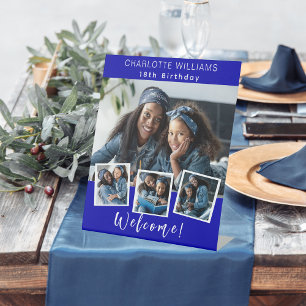 Royal blue photo collage birthday party welcome pedestal sign