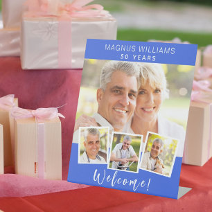 royal blue photo collage birthday party welcome pedestal sign