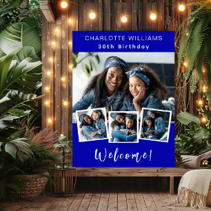 Royal blue photo collage birthday party welcome poster