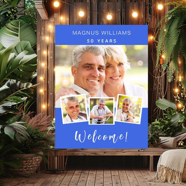 Royal blue photo collage birthday party welcome poster (Creator Uploaded)