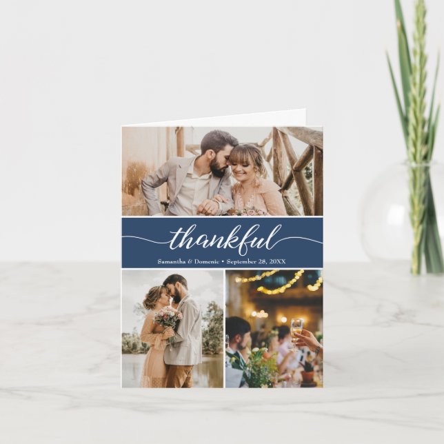 Royal Blue Photo Collage Thankful Script Wedding Thank You Card (Front)