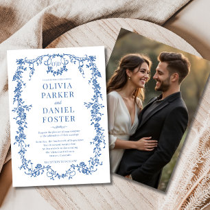 Royal Blue Photo Floral Victorian French Wedding Invitation