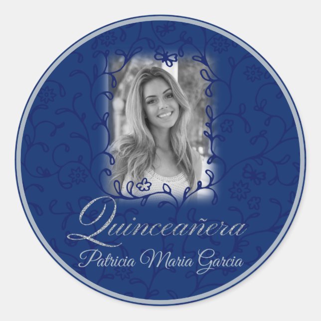 Royal blue photo quinceañera floral vines classic  classic round sticker (Front)