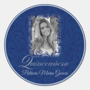 Royal blue photo quinceañera floral vines classic round sticker